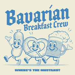 funny cartoon illustration of bavarian breakfast main ingredients pretzel sausage and beer - 446978878
