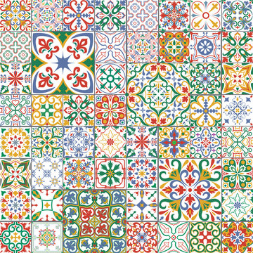 Big set of tiles background. Mosaic pattern for ceramic in dutch, portuguese, spanish, italian style.