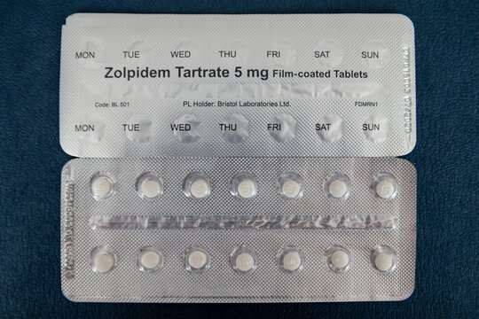 LONDON, UK – SEPTEMBER 1, 2020: A blister pack of zolpidem tartrate 5mg tablets for insomnia and sleep disorders
