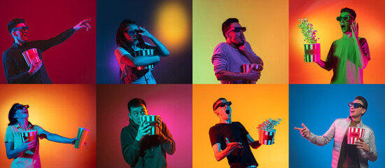 Different emotions. Portraits of group of people on multicolored background in neon light, collage....