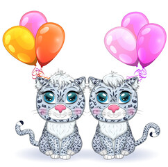 Cartoon snow leopard with expressive eyes. Wild animals, character, childish cute style.