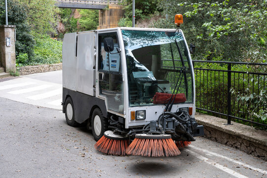 Barcelona, ​​Spain; April 25, 2021: White industrial sweeper parked on the street