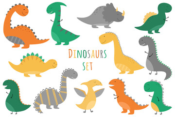 A set of cute dinosaur boys. Hand-drawn. Yellow, orange, green, gray dinosaurs. Vector illustration for children.