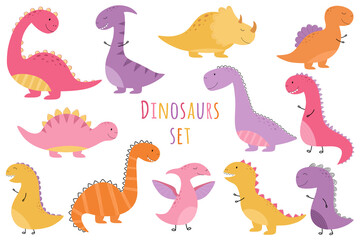 Fototapeta na wymiar A set of cute dinosaur girls. Hand-drawn. Pink, yellow, orange, purple dinosaurs. Vector illustration for children.