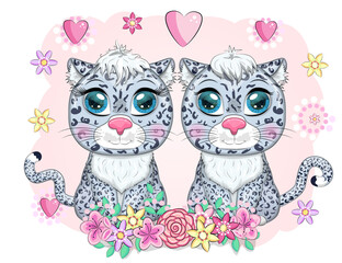 Cartoon snow leopard with expressive eyes. Wild animals, character, childish cute style.