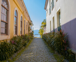 Historic center city in the interior of brazil colorful and rustic old houses on the coast of antonina, Paraná, narrow cobblestone street
