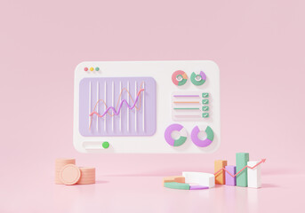 3D render desktop statistics analytics Optimization graph investment To invest business website technology development concept. growth arrow target planning, consulting, illustration