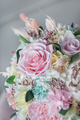 Preserved flower arrangement. Round box Summer Garden Posy Hydrangea Peony Rose in tiffany colors.