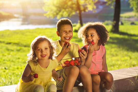 Children eating healthy organic food, fresh strawberries.Happy children eating berries