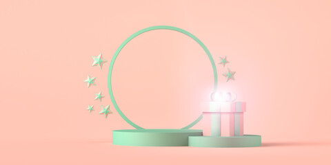 Empty pedestal to display christmas product or promotion with stars and present boxes. 3d illustration. Pastel colors. Background. Banner.