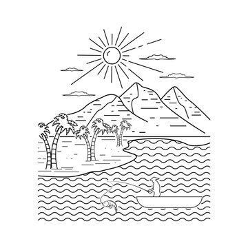 fishing in the sea under the mountain in the scenery white background line art style design