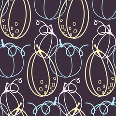 Colored linear pumpkins on a dark background. Vector seamless pattern