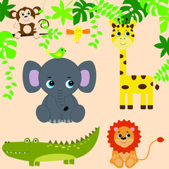 Set Jungle Animal, african animals, elephant, lion, crocodile, monkey, giraffe, parrot, canary