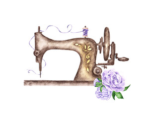 Watercolor composition "Vintage sewing machine and flowers." Hobby. Homemade hobby. Embroidery, sewing. Illustration is isolated. For printing on postcards, logos, stickers, clothes, notebooks.