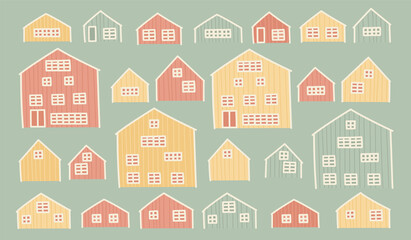 Set of red yellow green European wooden houses. Vector cartoon hand drawn isolated buildings