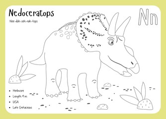 Coloring cards with dinosaurs and alphabet. Dinosaur Fact Cards. Dinosaur Names Corresponding to the English Alphabet. Cute colorful vector illustration. Herbivore set. Dinosaur vegan. Nedoceratops