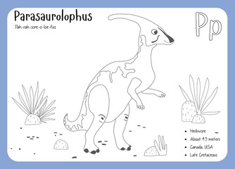 Coloring cards with dinosaurs and alphabet. Dinosaur Fact Cards. Dinosaur Names Corresponding to the English Alphabet. Cute colorful vector illustration. Herbivore set. Dinosaur vegan. Parasaurolophus