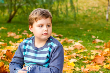 Autumn mood. The boy is thoughtfully drawing something in his notebook.Autumn portrait of a child in yellow foliage. Sight. Cute thoughtful boy.