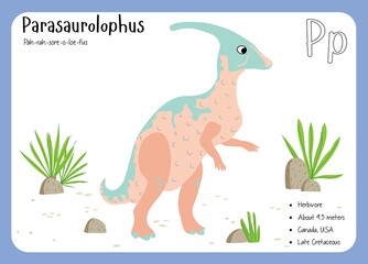 Dinosaur Fact Flash Cards - Dinosaur Names Corresponding to the English Alphabet. Cute colorful vector illustration. Herbivore set. Dinosaur vegan. Set cards a-z dinosaur P. Parasaurolophus