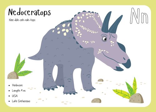 Dinosaur Fact Flash Cards - Dinosaur Names Corresponding to the English Alphabet. Cute colorful vector illustration. Herbivore set. Dinosaur vegan. Set cards a-z dinosaur N. Nedoceratops