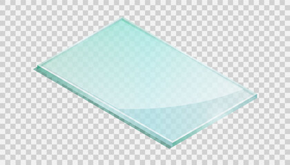 Vector illustration sheet of tempered glass isolated on transparent background. Realistic piece of glass icon in flat cartoon style. Isometric illustration shiny plate of industrial tempered glass.
