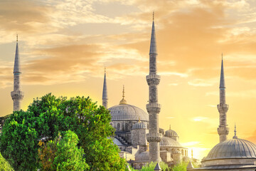 Sultanahmet mosque or blue mosque at sunset with yellow sky