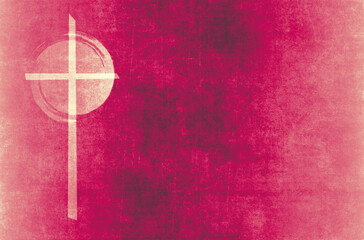 light yellow cross and swirl on distressed surface in red and brown