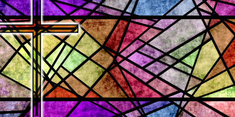 glowing cross on multicolored complex modern stained glass backdrop