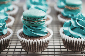 Macaron sitting on buttercream decorated cupcake