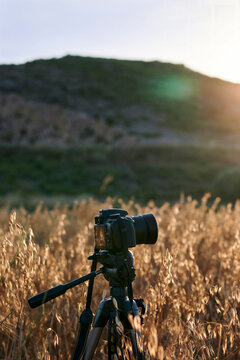 Camera on a tripod in a meadow at sunset