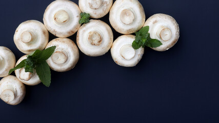 Fototapeta na wymiar Champignons mushrooms and mint leaves on a dark background