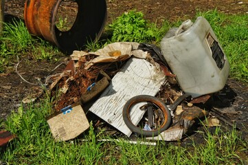 Environmentalists have collected rubbish and metal thrown in nature on the grass in the forest....