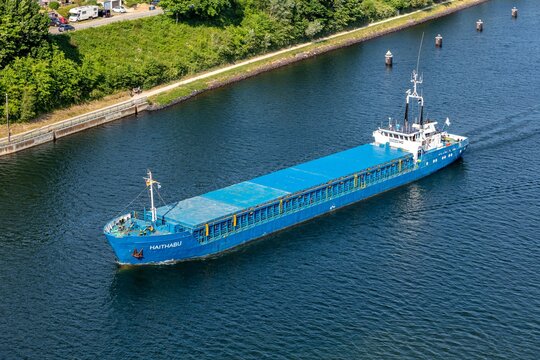 KIEL, GERMANY - JUNE 19, 2021: general cargo vessel HAITHABU in the Kiel Canal