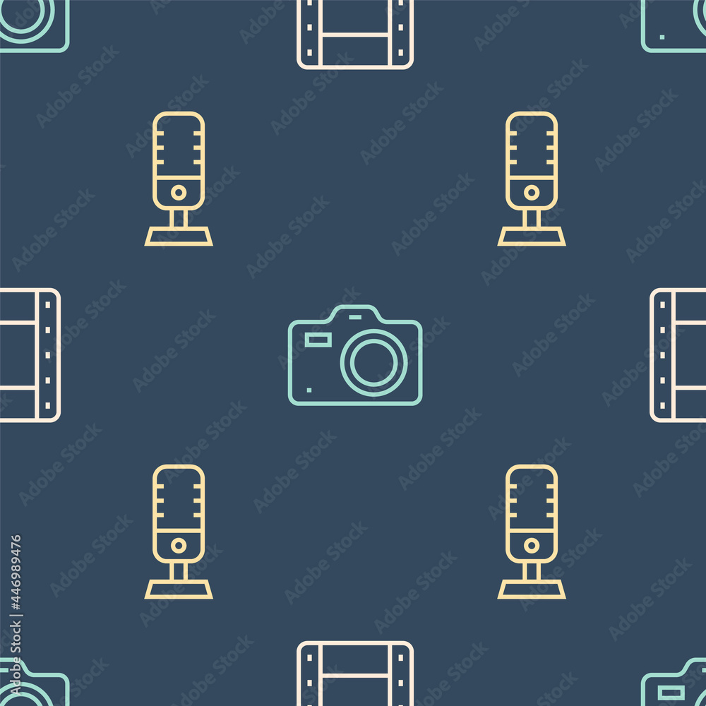 Poster set line play video, microphone and photo camera on seamless pattern. vector