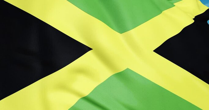 Flag of Jamaica waving 3d animation. The emblem of Jamaica flag. Seamless looping Jamaican flag animation 4k