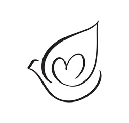 Vector Love dove with heart logo design template icon. pigeon carrying heart in doodle style. line art bird