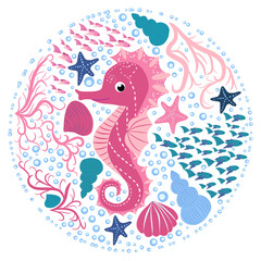 Seahorse, Scandinavian style hippocampus, hand drawn, among seaweed, starfish, seashells, fish