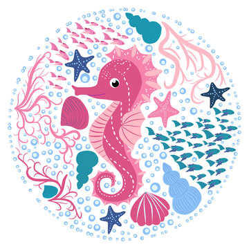 Seahorse, Scandinavian style hippocampus, hand drawn, among seaweed, starfish, seashells, fish © MichiruKayo