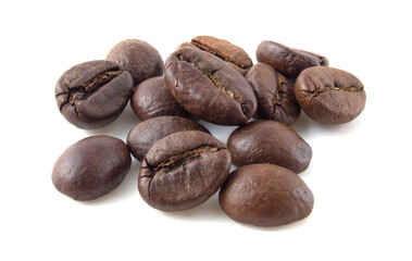 Roasted coffee beans close up isolated on white background.