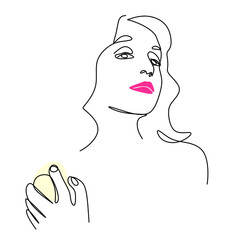 continuous drawing of women's hands with a perfume bottle and a face contour in the style of minimalism, close-up, cosmetics, magazine, T-shirt print