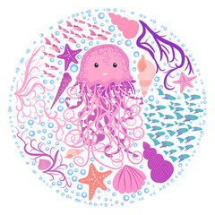 Funny jellyfish hand-drawn among seashells, algae, fish. Cute marine life, Scandinavian style, detailed