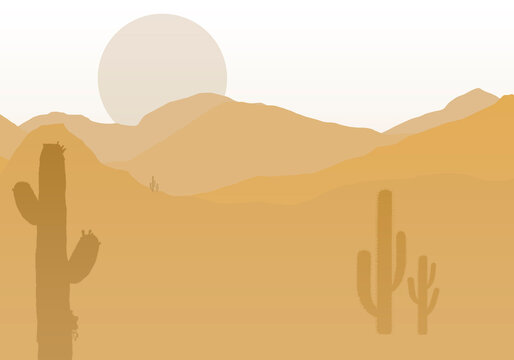 Raster landscape of silhouettes of mountains, deserts, cacti in ochre, brown and orange colors. The illustrations of the sky, cacti and mountains are interesting and suitable for backgrounds, postcard