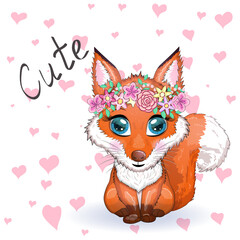 Cute Cartoon Fox with flowers on a white background