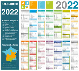 Calendrier 2022 14 mois avec vacances scolaires 2021-2022 et 2022-2023 officielles entièrement modifiable via calques et texte arial