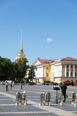 Musical wind instruments of the military orchestra on Admiralty Square. Rehearsal of the Navy...