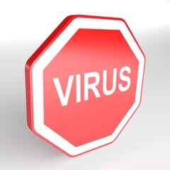 VIRUS red and white street octagonal sign on white background - 3D rendering illustration
