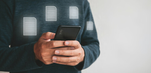 Close up hands holding smartphone. man using cellphone for marketing  and searching data and social media on internet.technology business investment concept