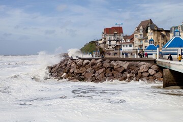 storm on the coast with a lot of foam on the seawater, Picardie, France