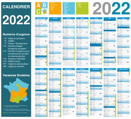 Calendrier 2022 14 mois avec vacances scolaires 2021-2022 et 2022-2023 officielles entièrement modifiable via calques et texte arial