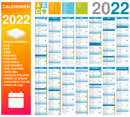 Calendrier 2022 14 mois avec vacances scolaires 2021-2022 et 2022-2023 officielles entièrement modifiable via calques et texte arial